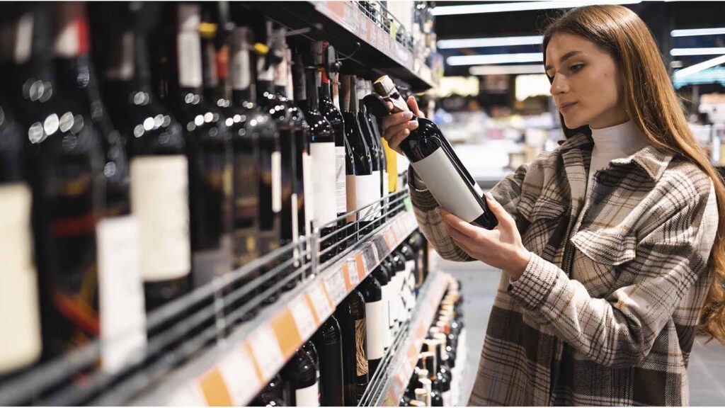 woman-looking-at-wine-bottle-in-store
