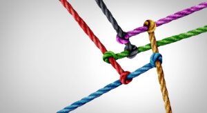 Image of different colored ropes: blue, green, yellow, red, pink and black. All of them tied together in connection.