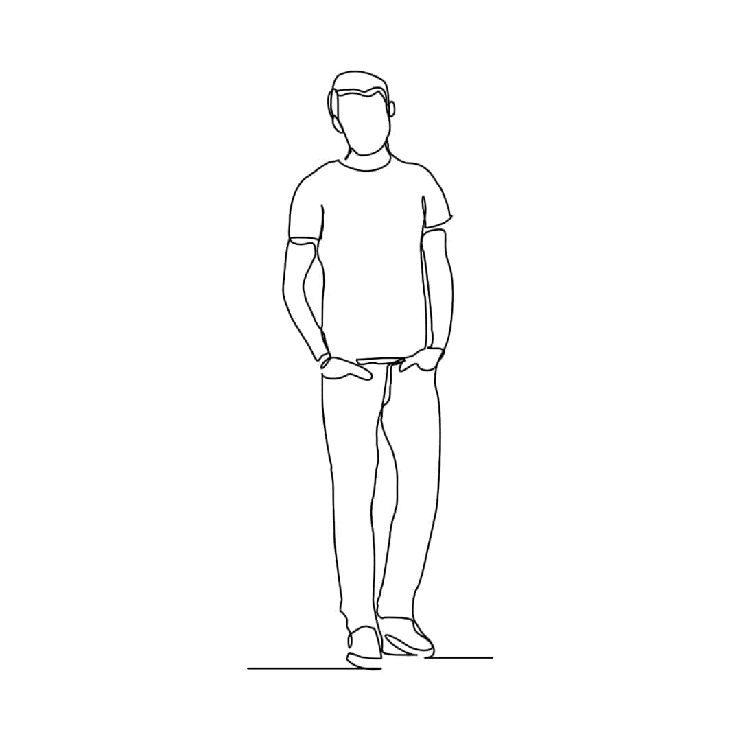 Line drawing of a man standing with his hands in his pockets.