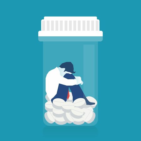 Sick patient Man in depression drowning in medications, conceptual illustration of drug addiction. Eps 10 Vector illustration, horizontal image, Minimalist white blue flat design.